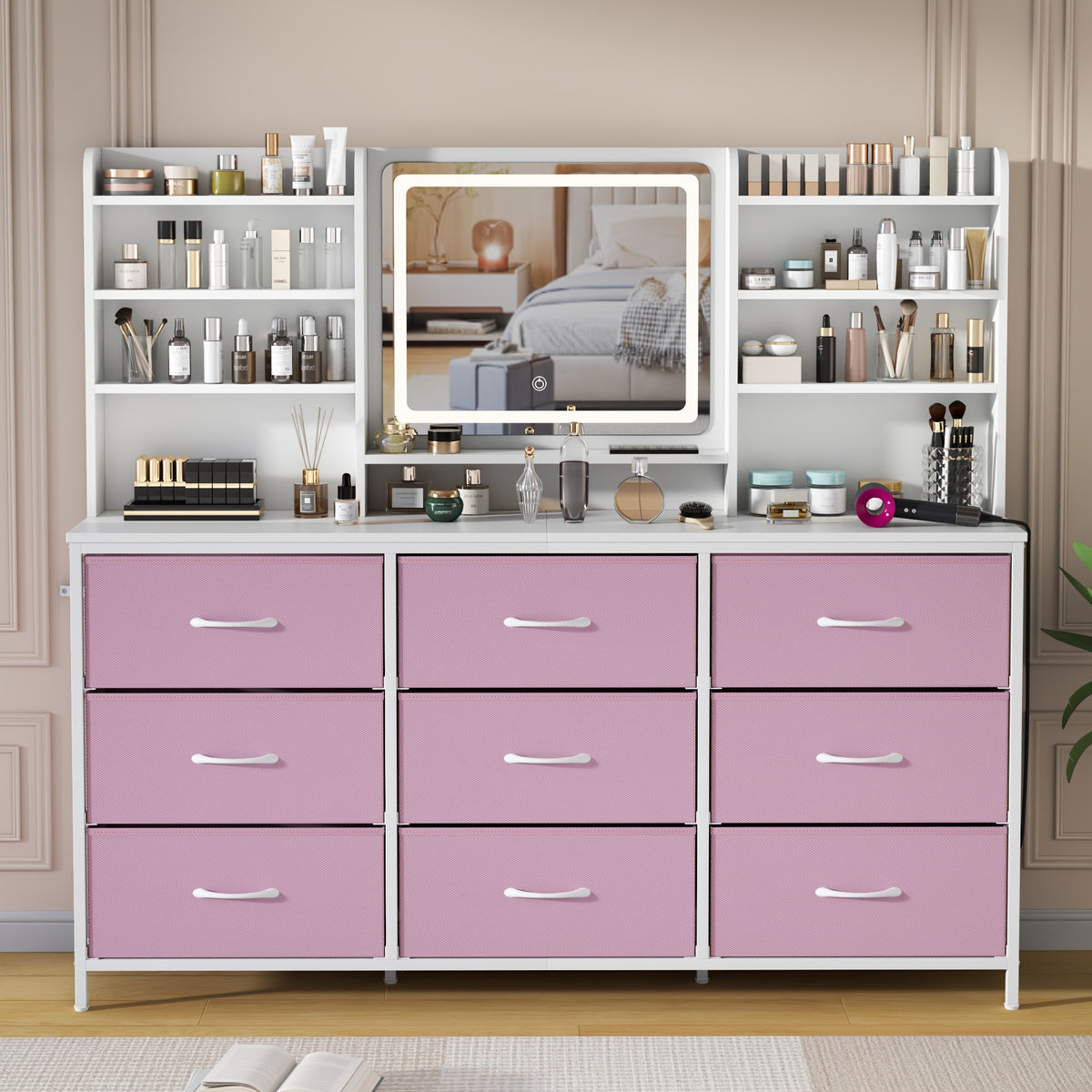 Chest Of 9 Drawers, White Dresser With 9 Fabric Drawers, Vanity With 8 Storage Shelves, Makeup Vanity Table, Vanity Desk With Large Mirror And LED Lights, Dressing Table For Bedroom, 3 Lighting Modes