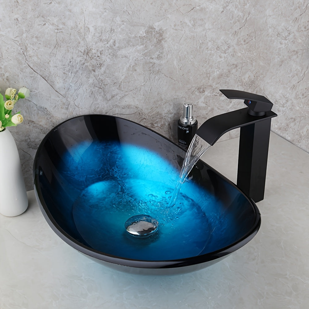 Contemporary Oval Bathroom Sink - Tempered Glass, Black & Blue with Waterfall Faucet and Pop-Up Drain, Durable Countertop Basin