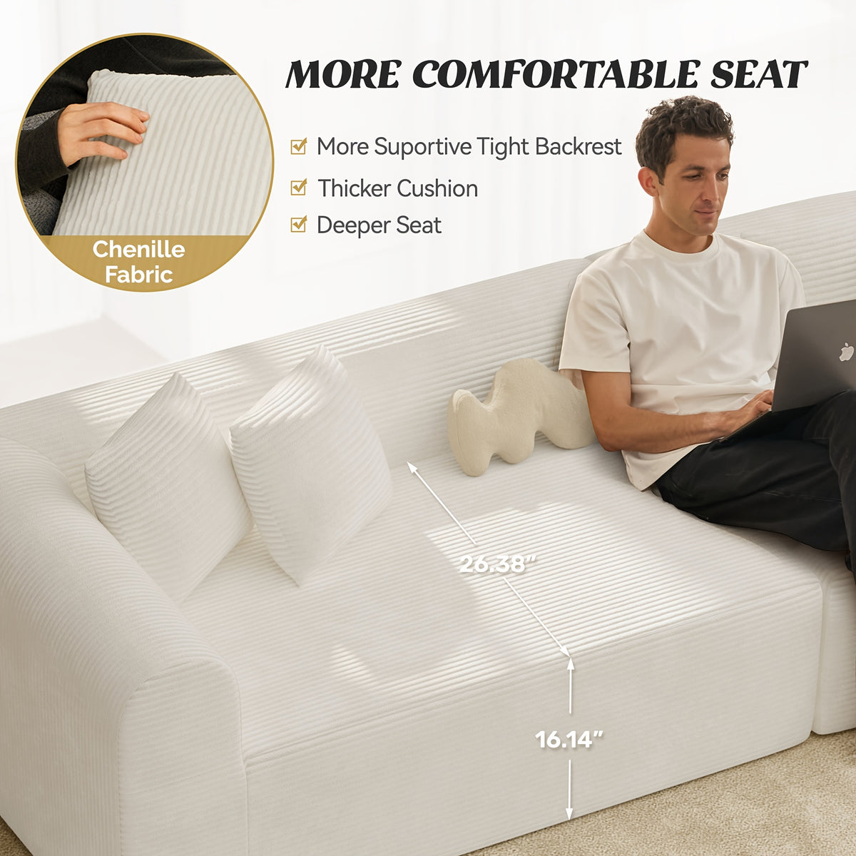 116" Curved Sofa with Throw Pillows, 4-Seater Luxury Chenille Fabric with Fully Assembled Long Lounge Sofa, Living Room Curved Sectional Sofa Chaise Lounge