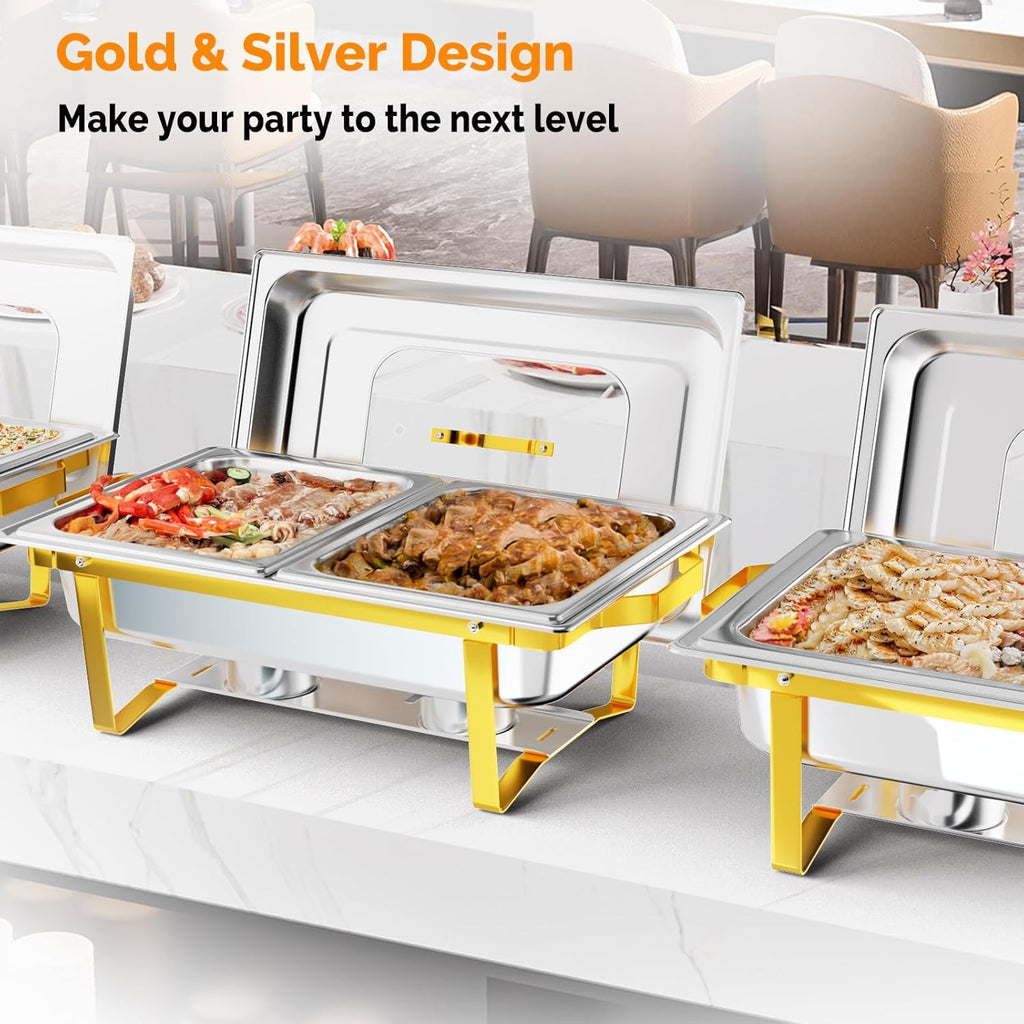 MEFEIR Chafing Dishes for Buffet 4 Pack, 9QT Chafing Dish with Multiple Food Pans Combo,Stainless Steel Buffet Servers and Warmers with Glass Lid & Folding Frame for Parties Weddings, Gold & Silver only for cooking