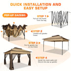 12ft×12ft/11x11ft Pop-up Patio Gazebo, Outdoor Gazebo with Mosquito Net, Double Roof Ventilation, 121 Square Feet Shade, Suitable for Lawns, Gardens, Backyards, and Decks