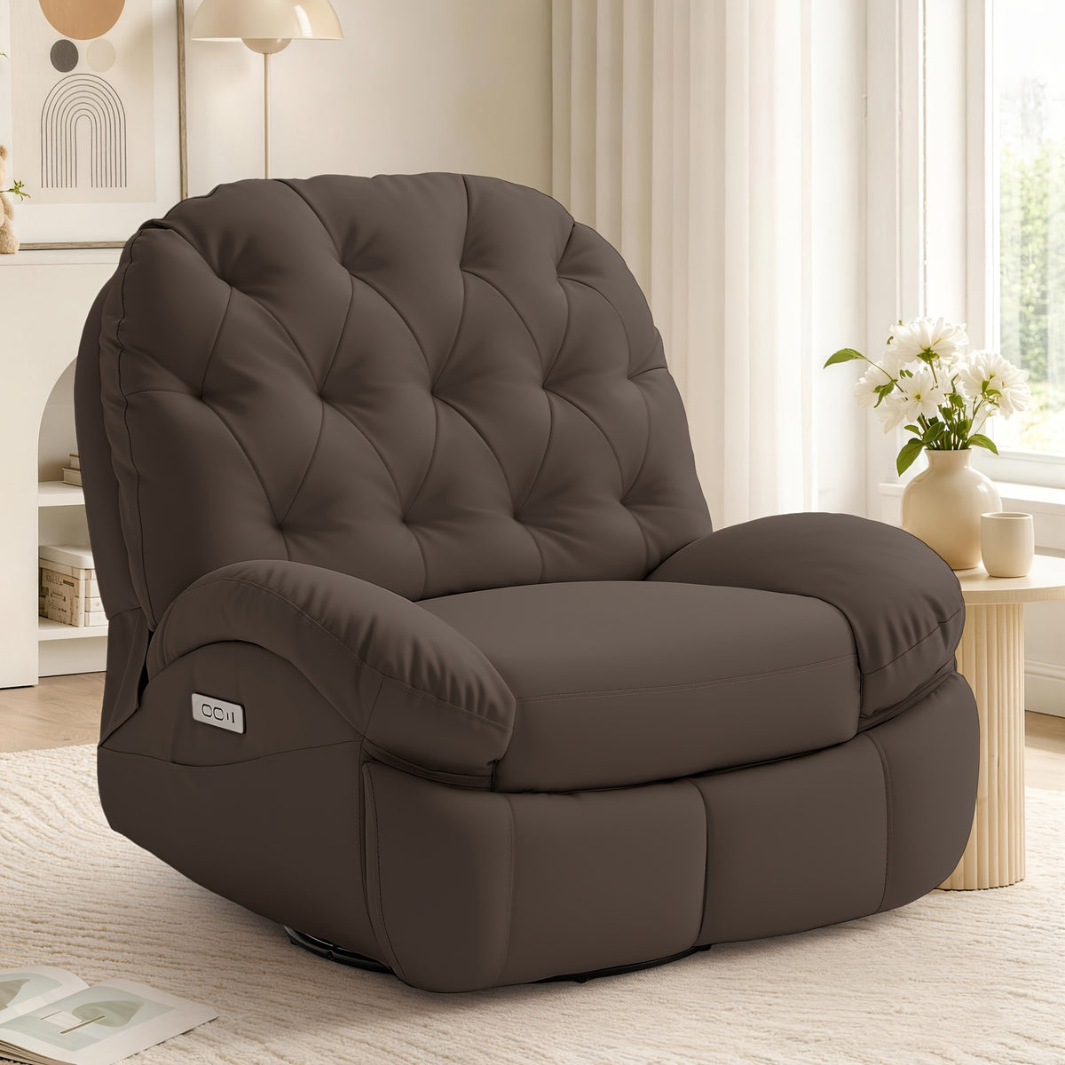 Living Room Swivel Recliner, Adult Electric Recliner with USB Ports and Side Pocket Storage, Comfortable Soft-shell Rocking Chair, Chenille Material Large-seat-width Recliner for the Living Room, Generously Wide Seating, a Fine Gift