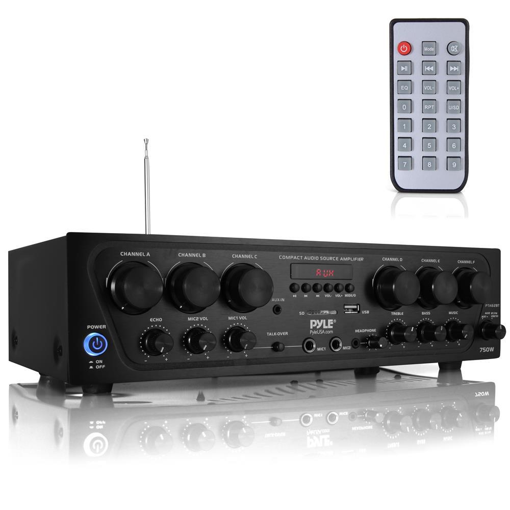 ALMOST GONE!!!!! 6-Channel Bluetooth Stereo Amplifier System with 750W Max Power Output, FM Radio with Digital LCD Display, Dual Microphone Inputs with Echo Control, USB/SD Readers, Subwoofer Output, AUX and RCA Inputs, Headphone Jack, Remote Control, Sho