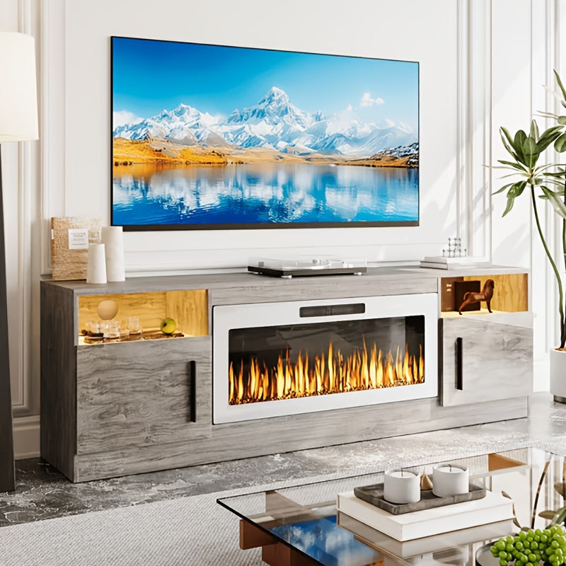 80" TV Stand Fireplace with 36" inch Electric Fireplace Up to 90" TVs, LED Light Entertainment Center, 80" Modern Wood High Gloss with Highlight Storage Cabinet for Living Room