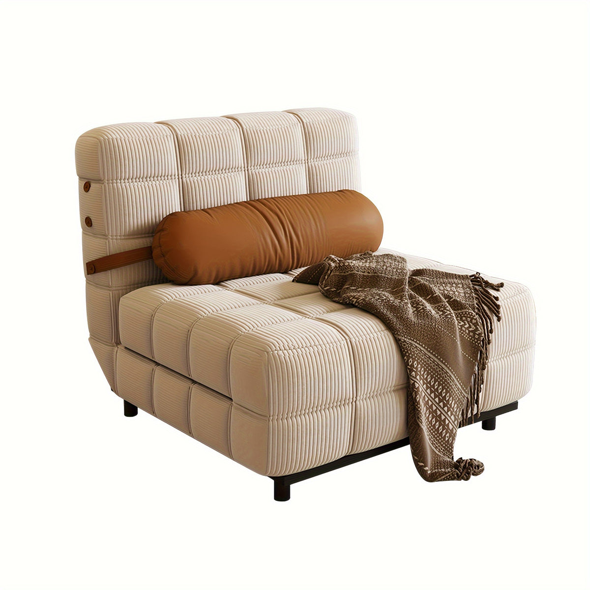 Convertible Single Sofa Bed | Foldable Chair Bed Sleeper with Adjustable Backrest & Pillow - Plush Corduroy Upholstery, Durable Metal Frame, Tufted Design for Living Room (Cream Beige/Brown)