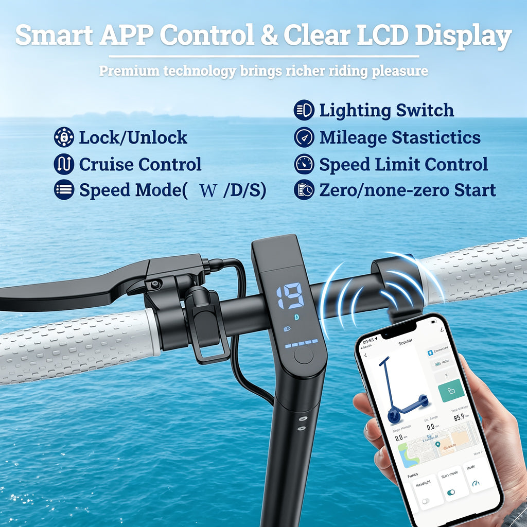 LADPED Commuter Foldable Electric Scooter for Adults, Smart App, 450W/500W Motor, 36V-48V Battery, with 8.5-14inches Tyres, 15-20MPH Speed, LCD Dashboard, LED Headlight Taillight, Integrated Bell, Duty Aluminum Alloy Frame, 265 LBS Weight Limit