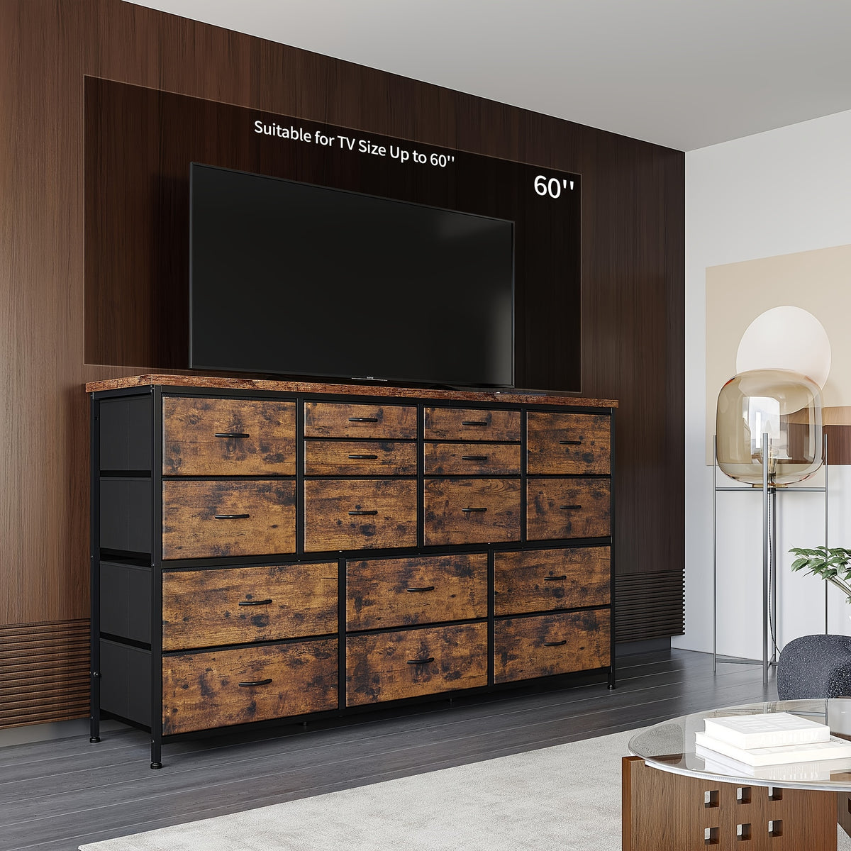 TV Stand Dresser for 60" TV Stand with Charging Station TV Stands for Living Room Long Dresser for Bedroom TV Stand with 16 Drawers Storage TV Stand for Bedroom Dresser 51.1''W X 11.8''D X 34.8''H
