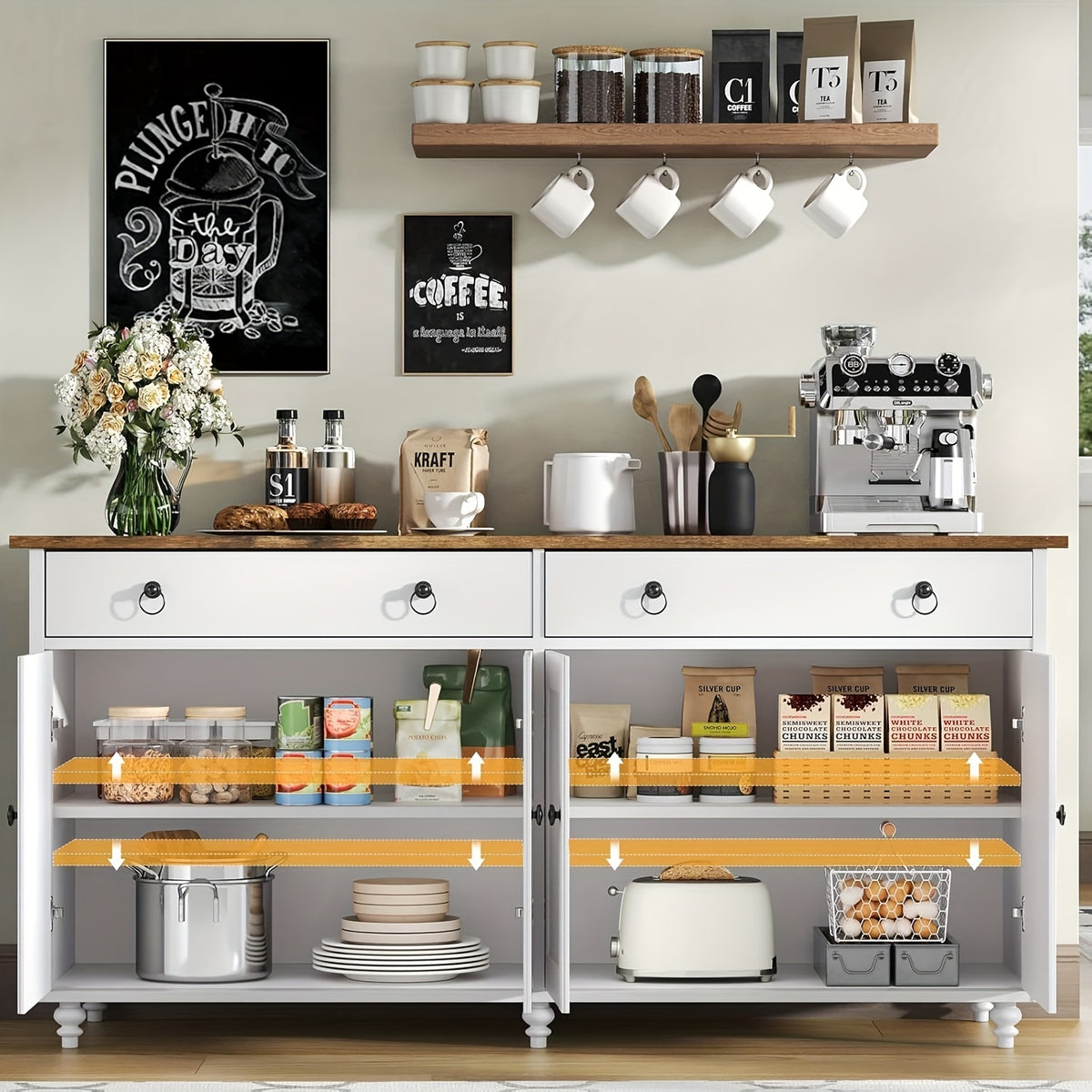 55-Inch Sideboard Buffet Unit, Mid-Century Kitchen Storage Cabinet Featuring 2 Drawers And 4 Doors, Coffee Bar Storage Cabinet