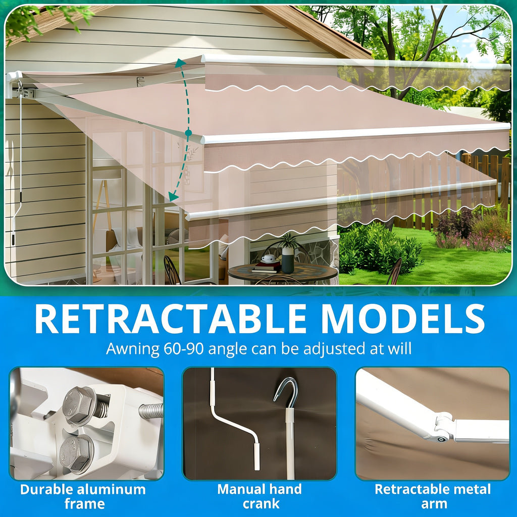 VIWAT Patio Retractable Awning 10 x 8 FT, 13 x 8 FT | Sun Shade Shelter Cover with PU Coating, Aluminum Alloy Golden Frame, Polyester Material for Shop, Restaurant, Cafe, Courtyard, Balcony
