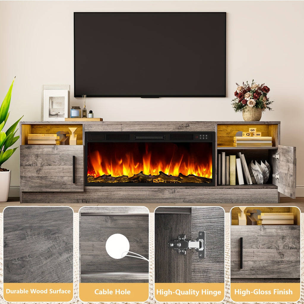 Fireplace TV Stand Entertainment Center with 36" Fireplace, Media TV Console with High Gloss Storage Cabinet And 16 Colors LED Lights, 70" Wooden TV Stand for TVs Up to 80"