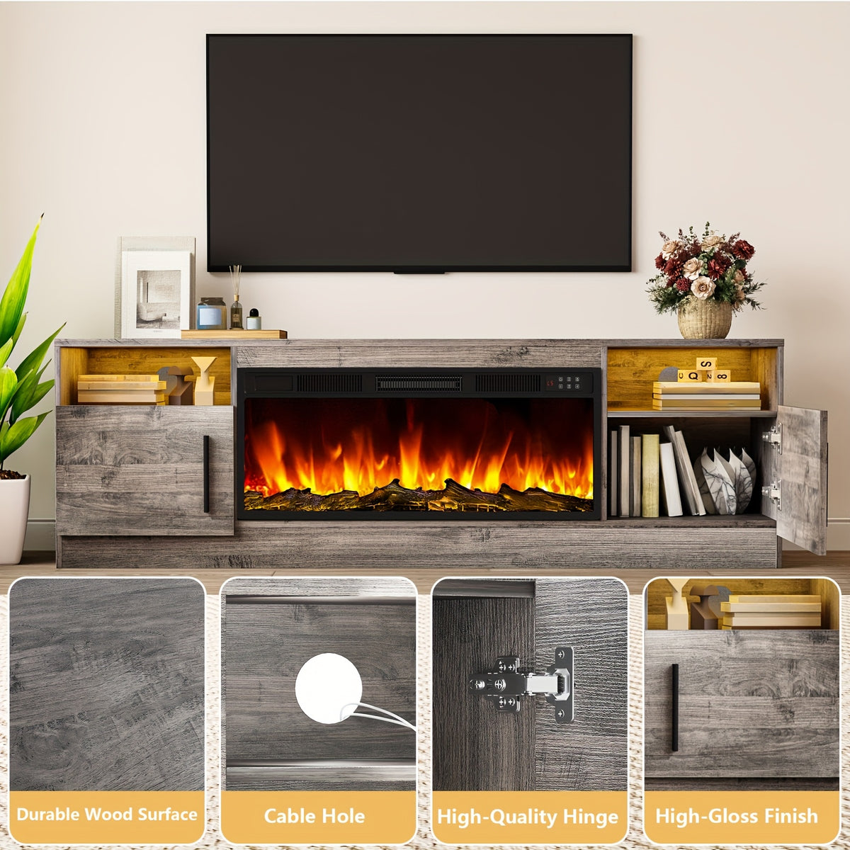 Fireplace TV Stand Entertainment Center with 36" Fireplace, Media TV Console with High Gloss Storage Cabinet And 16 Colors LED Lights, 70" Wooden TV Stand for TVs Up to 80"