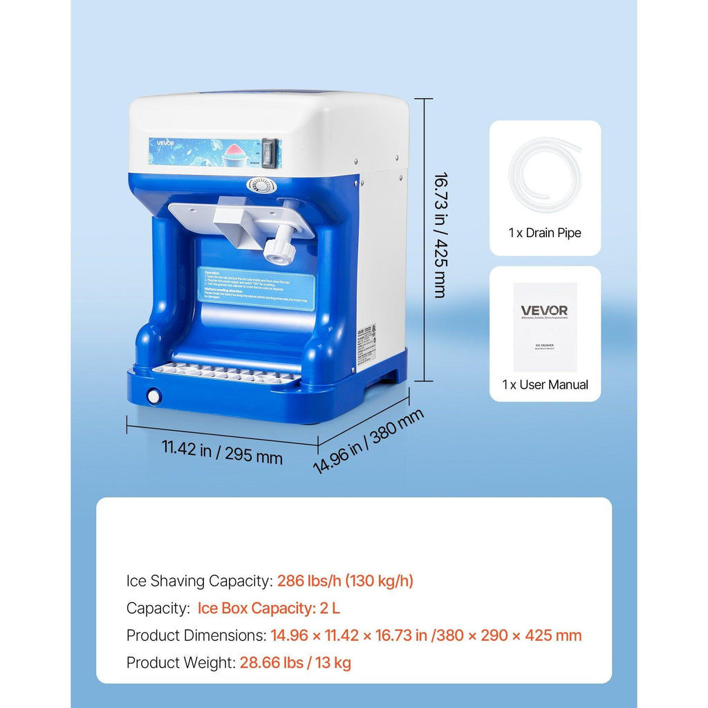 VEVOR Commercial Ice Shaver 286LBS/H Electric Snow Cone Maker Ice Crusher Blue