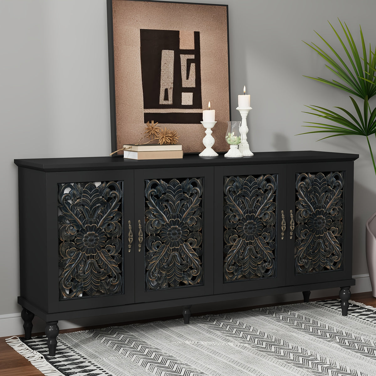 63" Accent Cabinet with 4 Doors, Hollow Carved Vintage Sideboard Buffet with Adjust Shelves, Wood Credenza Storage for Living Room, Dining Room, Kitchen