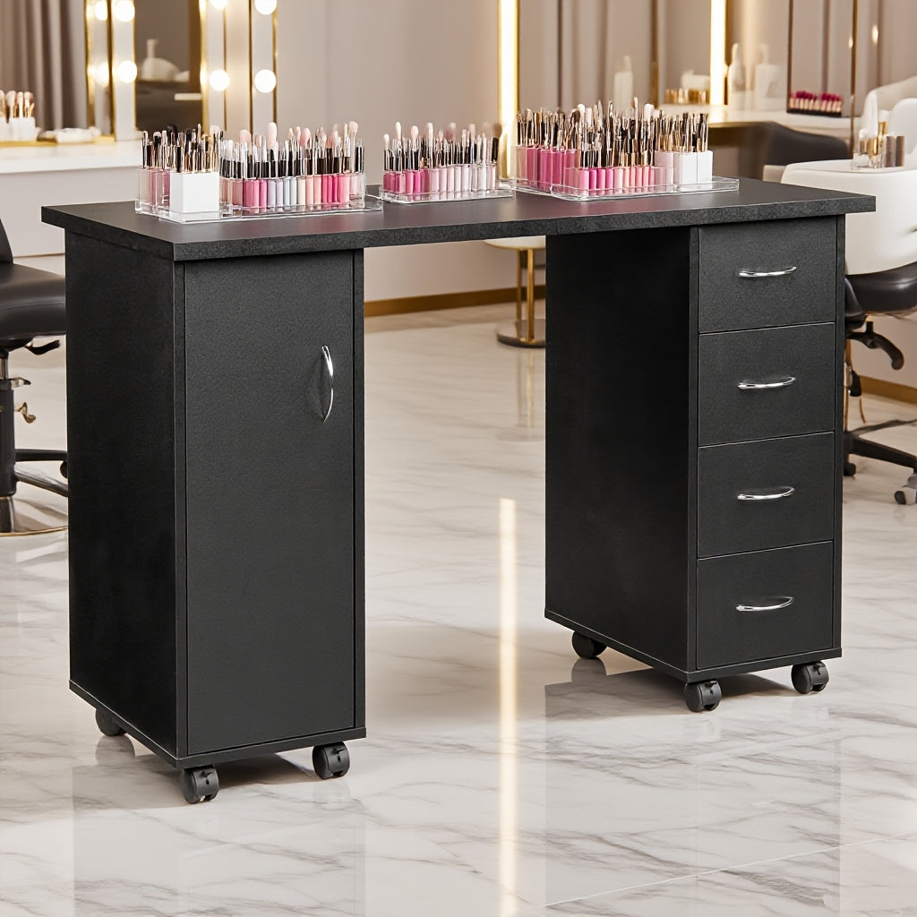 White/Black Melamine Laminate Textured Particle Board Nail Table, 47.2" X 21.3" X 31.9" 1-Door 4-Drawer Design, Ventilation-Free Manicure Station