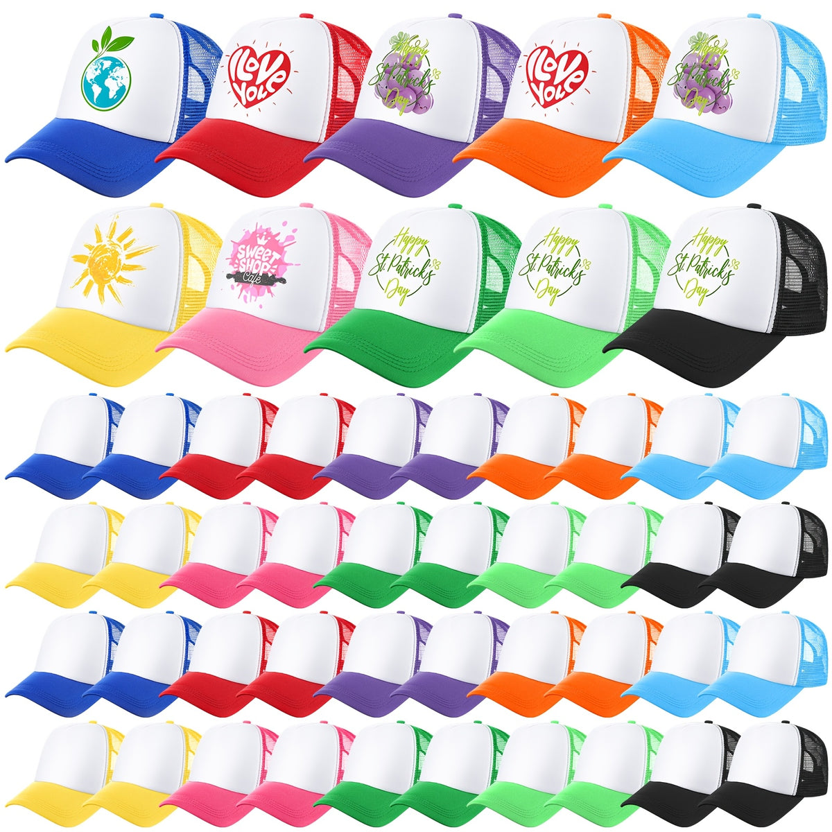 100 Pack Sublimation Blank Baseball Caps Bulk Adjustable Mesh Trucker Hats Polyester Mesh Caps for Women Men