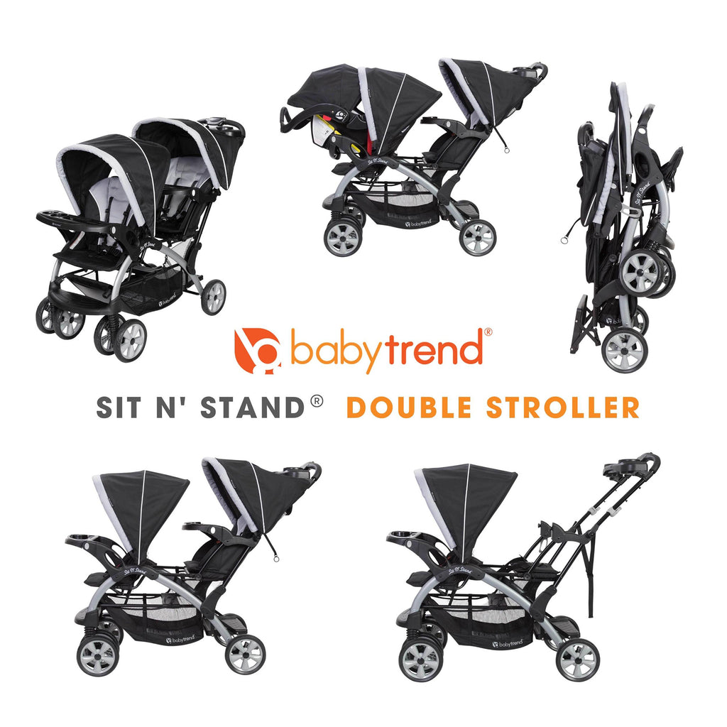 Baby Trend Double Infant and Toddler Stroller w/ Harness and Basket, Sit N' Stand, Stormy