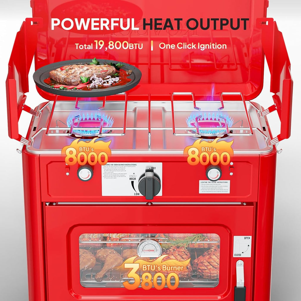 MEFEIR 2-in-1 Camping Stove with Propane Oven, Portable 2 Burner Stove & Outdoor Oven Combo with Auto-ignition & Thermometer for Camping Backyard Picnic