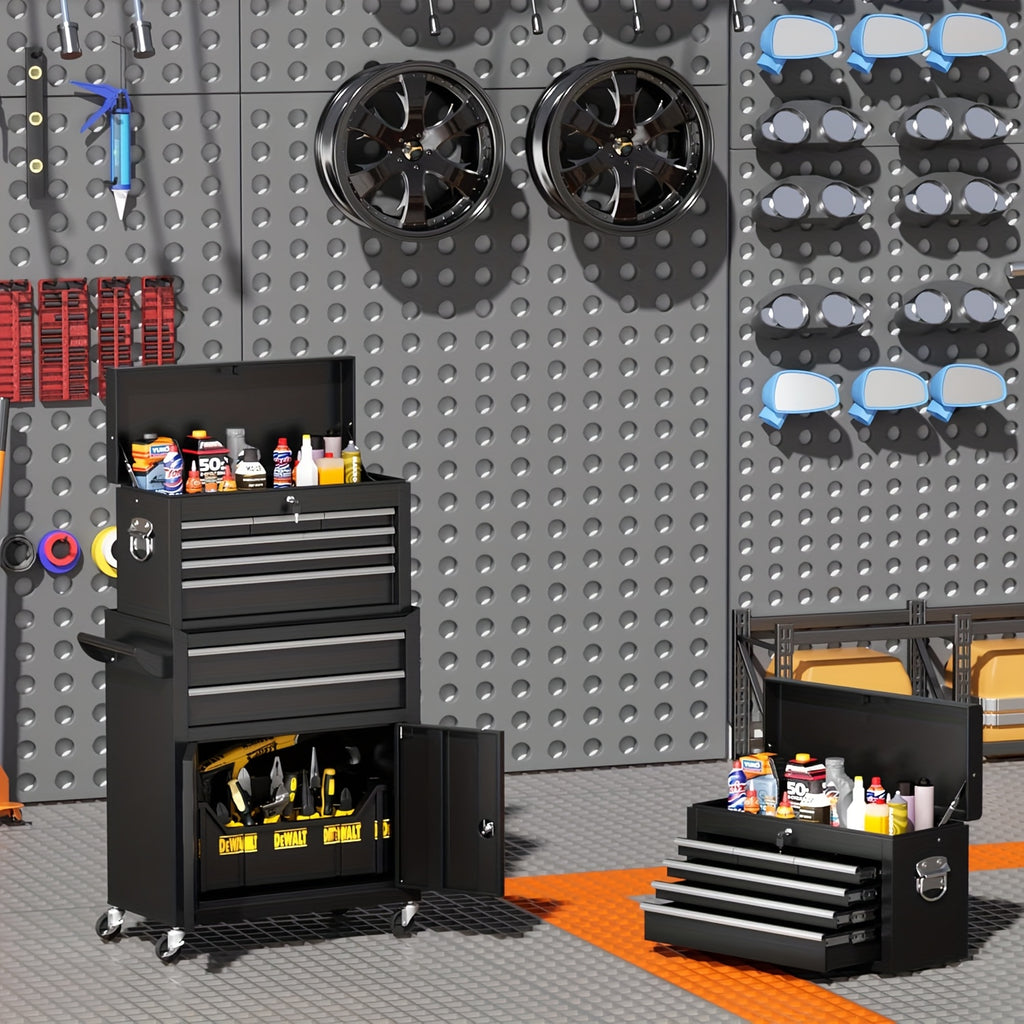 Rolling Tool Chest with Wheels, 8 Drawer High Capacity, 2-in-1 Detachable Steel Toolchest Organizer Combo for Garage, Workstation, Barbershop(Black)