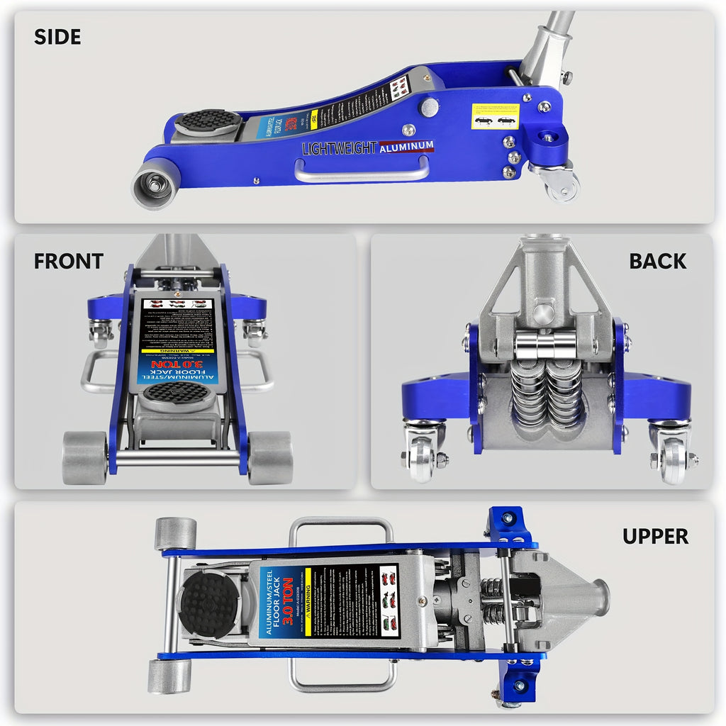 Hydraulic Low-Profile Racing Floor Jack Made of Aluminum And Steel, Featuring a Dual Piston Quick Lift Pump, Available in 1.5 Ton, 2.5 Ton, And 3 Ton Capacities