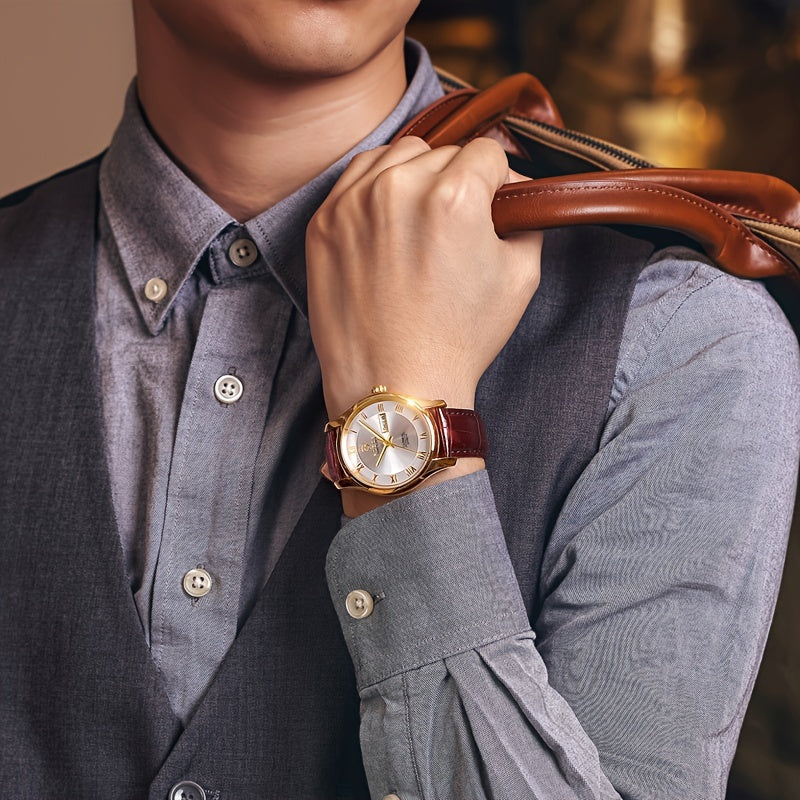ROCOS Brand Luxury Golden Men's Watches High-end Business Simple Fashion Men's Watches Automatic Mechanical Watches Sun Pattern Brushed Dial Calfskin Strap Waterproof Men's Watches Week Calendar Display Gifts for Men