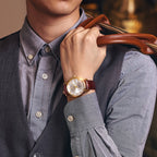 ROCOS Brand Luxury Golden Men's Watches High-end Business Simple Fashion Men's Watches Automatic Mechanical Watches Sun Pattern Brushed Dial Calfskin Strap Waterproof Men's Watches Week Calendar Display Gifts for Men
