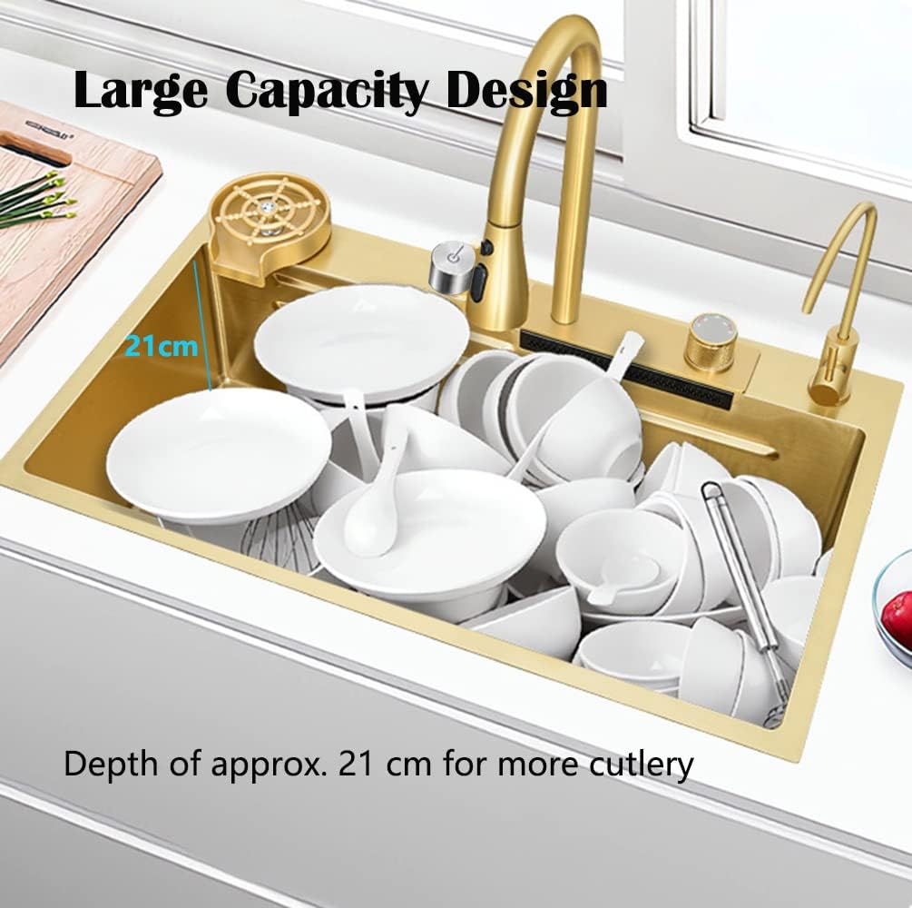 33x22 INCH Gold Flying Rain Drop In Stainless Steel Watefall Kitchen Sink Single Bowl with Pull Down Faucet Set