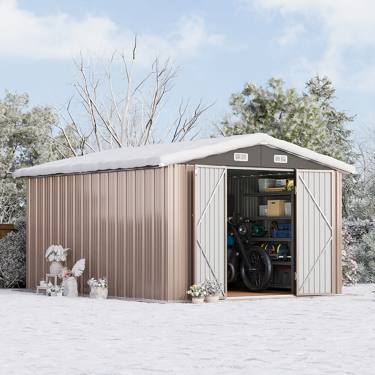 [Outdoor Storage Shed] ULSMVOC 10X12/10X8/8X6/6X4 FT Outdoor Storage Shed With Floor - Metal Garden Shed With Lockable Door And Sloped Roof For Garden, Backyard, Patio, And Backyard Brown