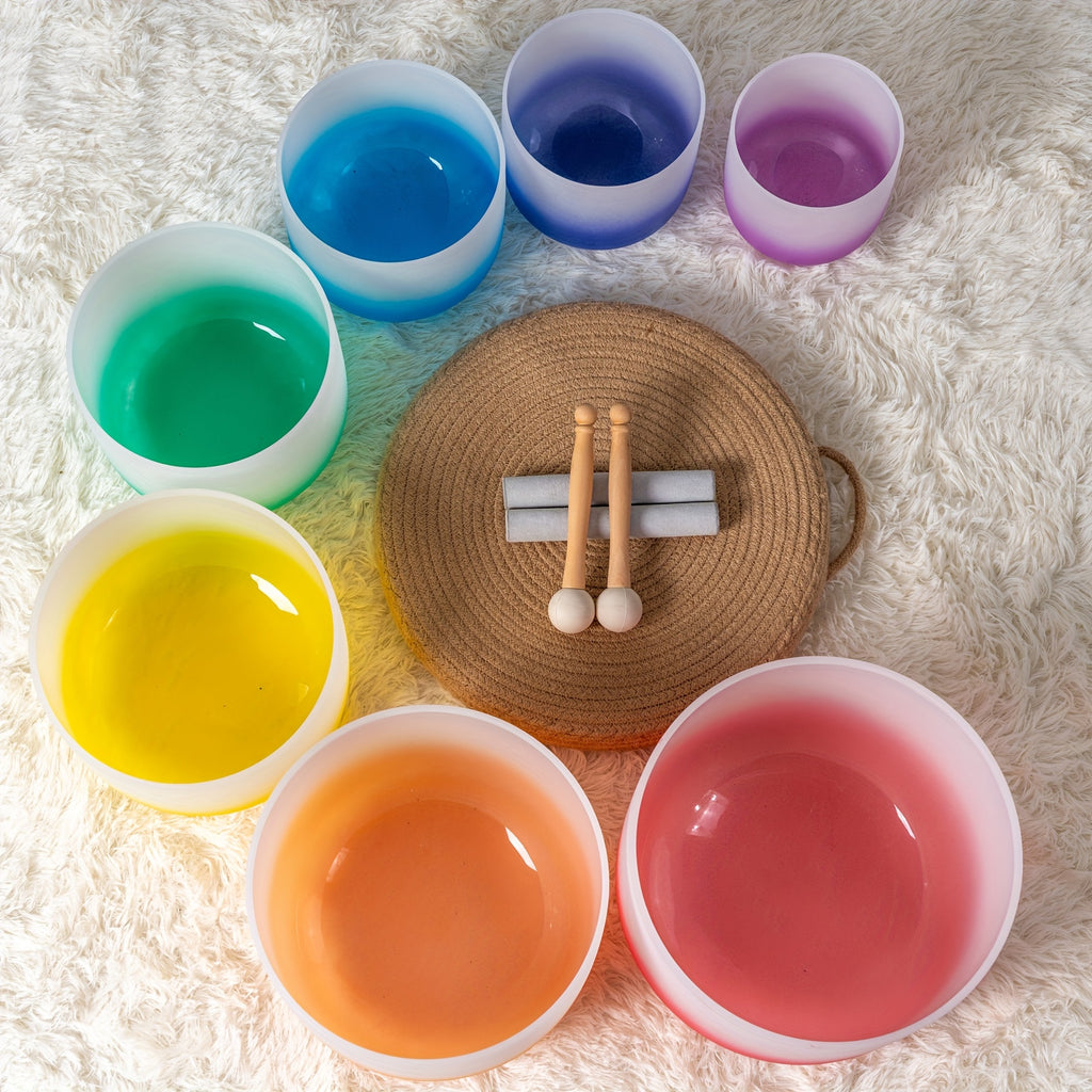 [Singing Bowls] Quartz Crystal Singing Bowls | Set of 7 | Quartz Crystal | Aria Gradient Design | For Meditation Yoga | 6-12 Inch | With Case Mallet Striker