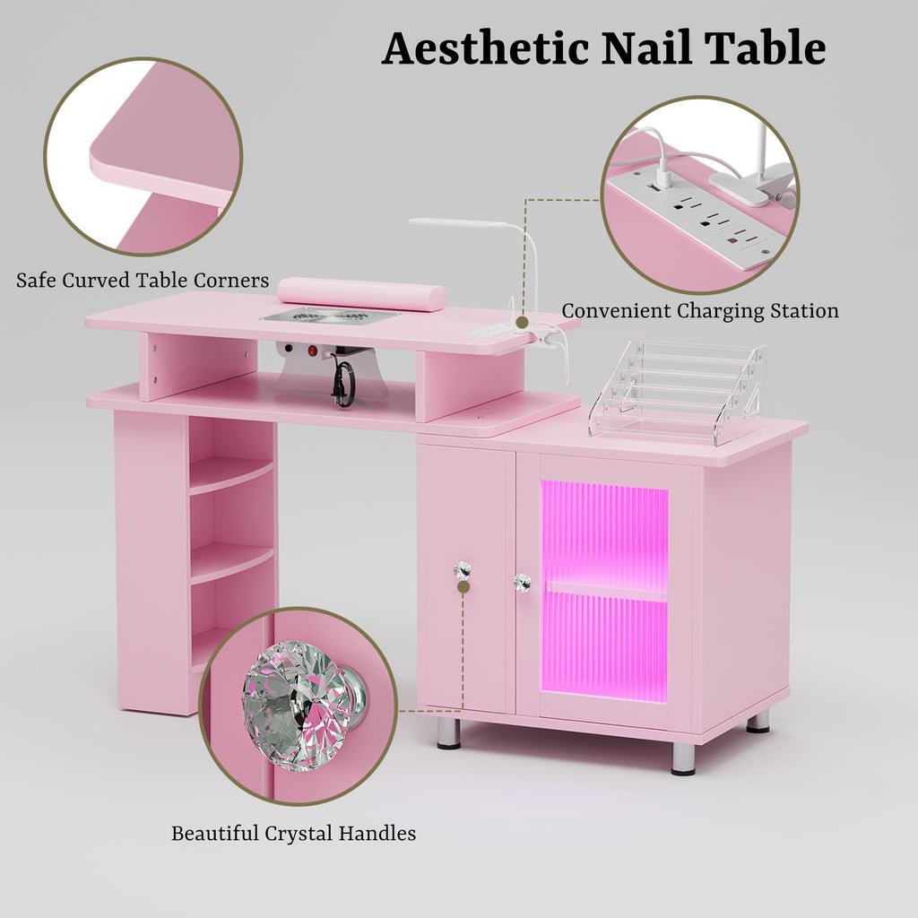 Paddie Manicure Table Nail Desk, Glass Cabinet Door Nail Table Station W/Dust Collector, Removable Acrylic Container, Cabinet And Drawer