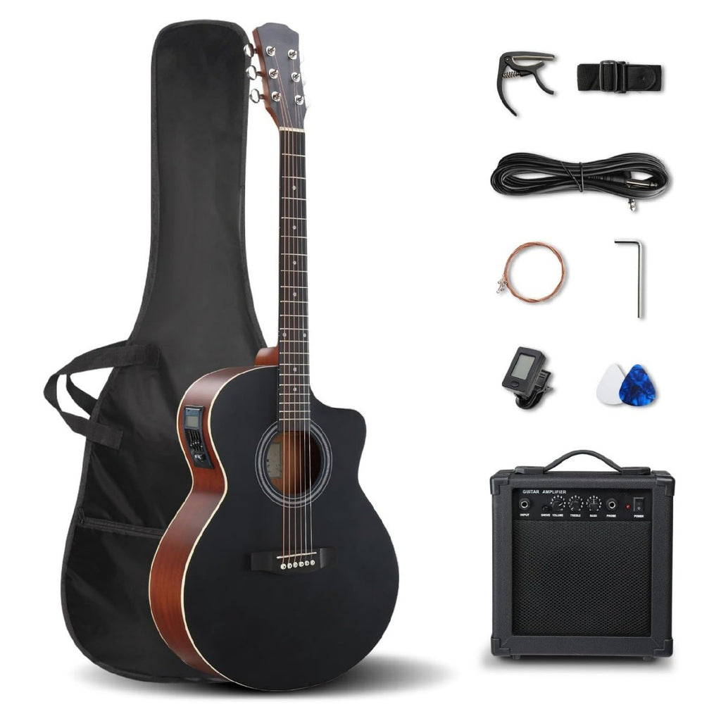 41'' JF Style Full Size Acoustic/Electric Guitar Kit Suitable for Beginners - Right-Handed 6-String Electric Guitar with Cutaway Body, Wood, Tuner, Bag, Strap & Strings - Maple Neck Electric-Acoustic for Practice