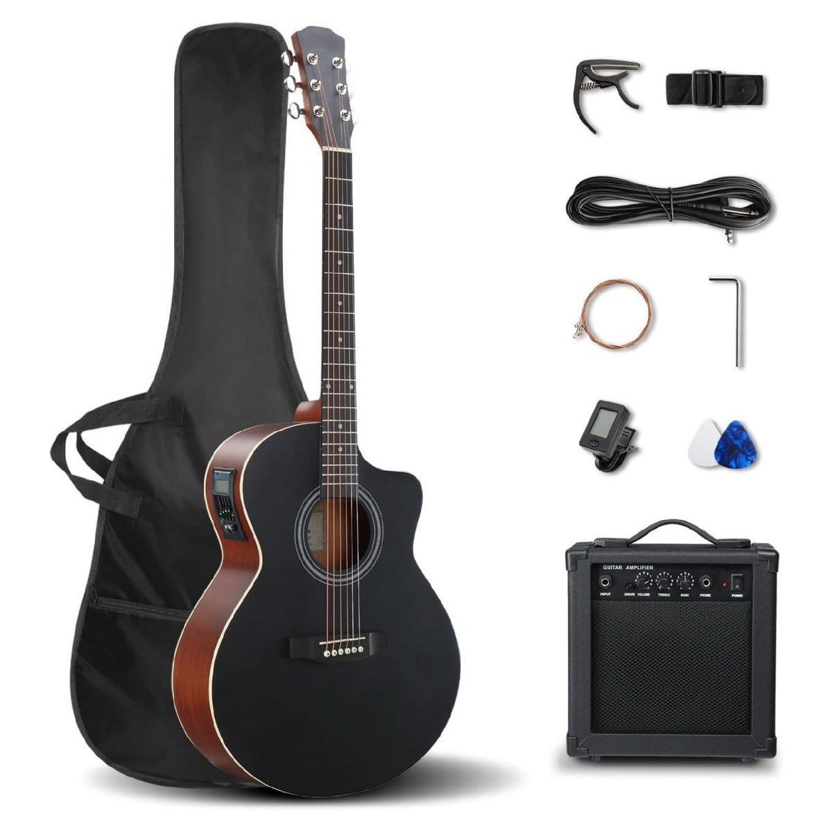 41'' JF Style Full Size Acoustic/Electric Guitar Kit Suitable for Beginners - Right-Handed 6-String Electric Guitar with Cutaway Body, Wood, Tuner, Bag, Strap & Strings - Maple Neck Electric-Acoustic for Practice