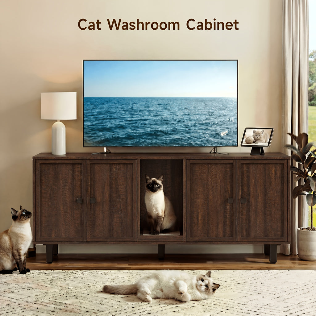 [Cat Litter Box Enclosure] 59 Inches Cat Litter Box Enclosure for 2 Cats, Hidden Litter Boxes Furniture with Cat Scratch Pad, Large Indoor Cat House with Double Room, Wooden TV Stand Side Table, Black