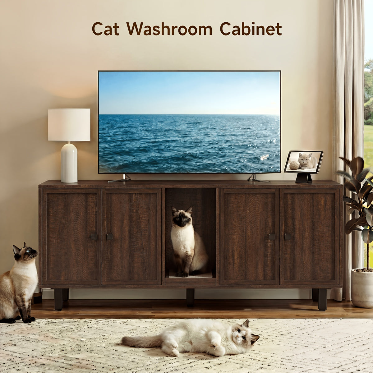 [Cat Litter Box Enclosure] 59 Inches Cat Litter Box Enclosure for 2 Cats, Hidden Litter Boxes Furniture with Cat Scratch Pad, Large Indoor Cat House with Double Room, Wooden TV Stand Side Table, Black
