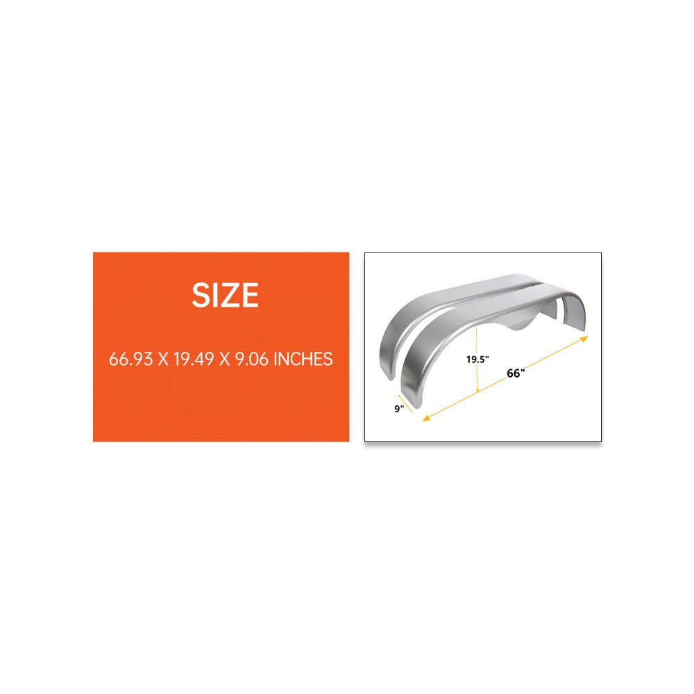 2Pcs Tandem Trailer Fender Double Axle Compatible with 13-15 Inch Wheels Teardrop Pair Enclosed Trailers 9" x 66" x 19.5" - Cold Rolled Steel (halloween & car accessories)