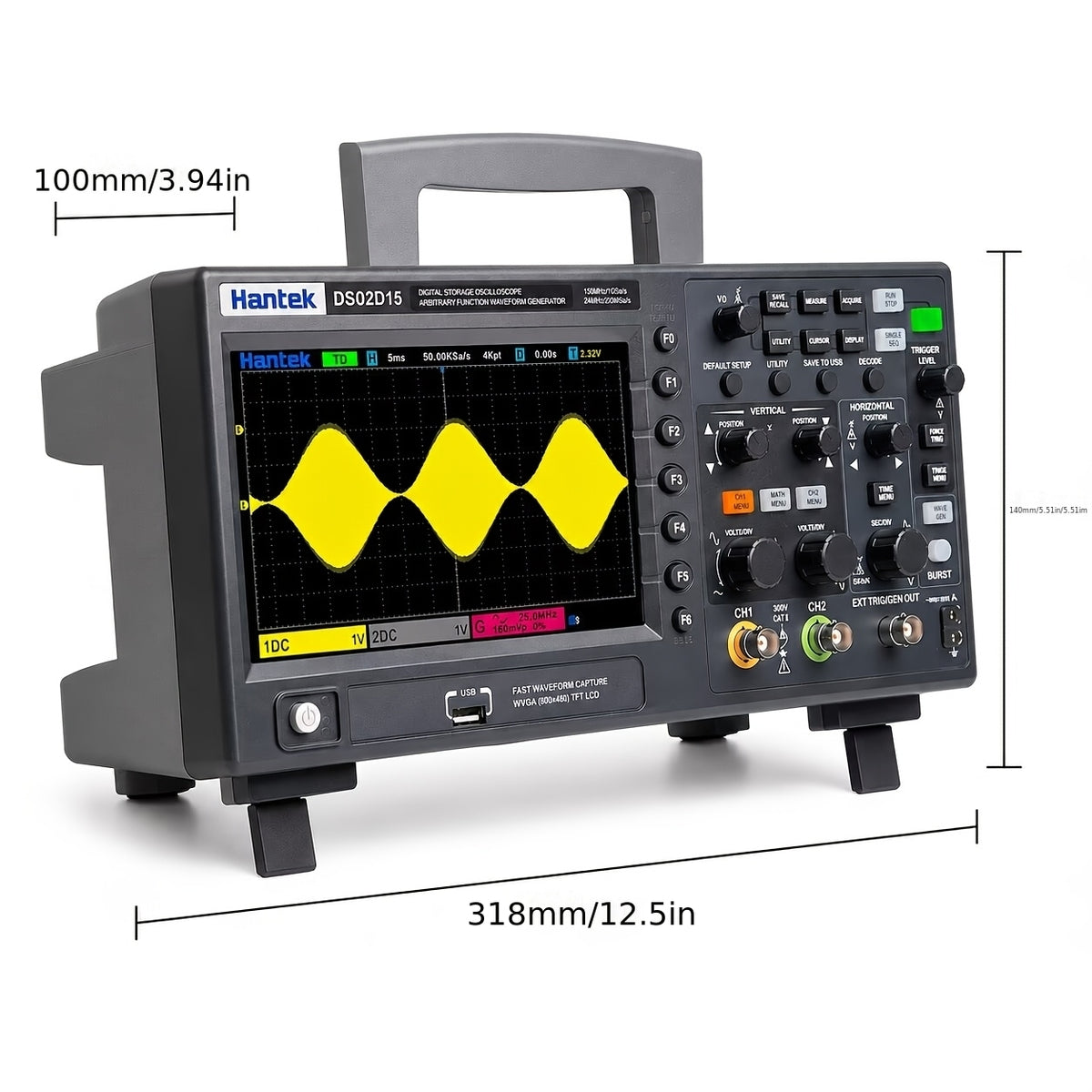 [Hantek Oscilloscope] Hantek DSO2D15 2 Channel Digital Storage Oscilloscope | 150MHz 1GSa/s 8m, 2CH+1CH +Signal Source