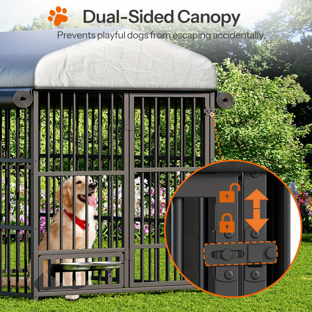 Large Outdoor Dog Kennel Measuring 70.87 Inches in Height, 78.74 Inches in Width, And 47.24 Inches in Depth, Equipped with Two Food Bowls And a Secure Lock. This Heavy-Duty Dog Crate Furniture Is Designed for Medium to Large Dogs And Features a And