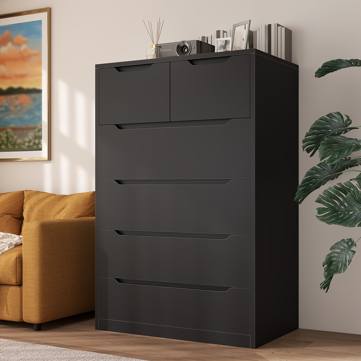 6-Drawer Dresser for Bedroom, Modern Chest of Drawers, Black Dresser with Large Organizer, Deep Drawer And Smooth Metal Rail, Black