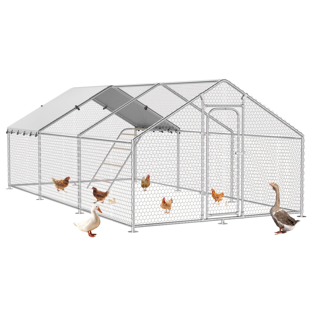 Walk-In Metal Chicken Coop | Outdoor Activity Enclosure With Uv-Resistant Canopy, Predator-Proof Hexagonal Mesh, And 5-Tier Extra-Large Roosting Bars | Ideal For Backyard Housing Of Chickens, Ducks, Geese, And Small Fowl