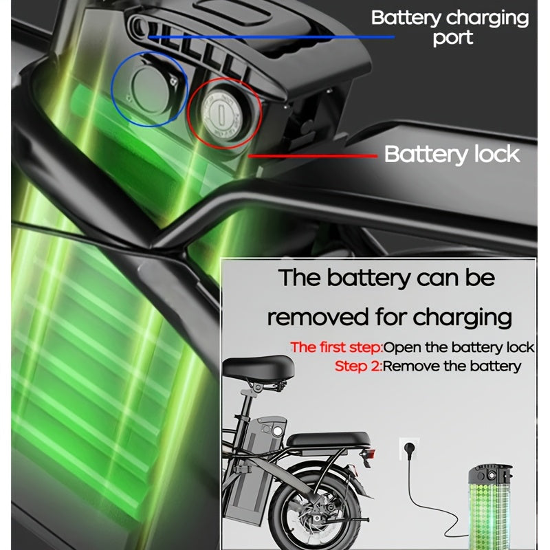 14 Inch Foldable Electric Bicycle,, 330 Pound Load-bearing Capacity, Max Speed Of 19MPH, 48V Lithium Battery, Range Of Approximately 18-28 Miles, Portable Folding Design, Outdoor Cycling Exercise, Urban Commuting Travel, Adult Gifts