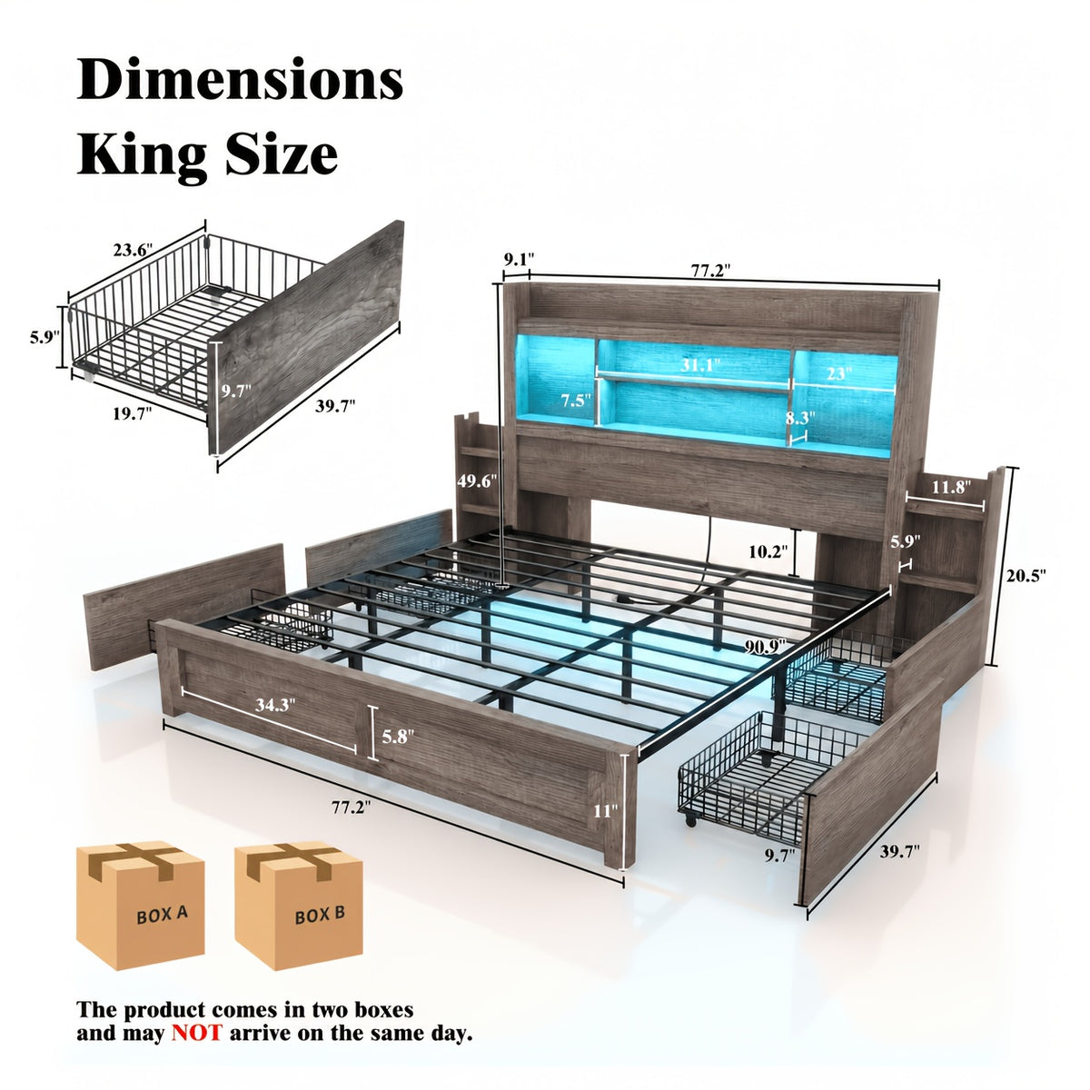 PAPABABE Bed Frame With 49.6 Inch Bookcase Headboard, 4 Drawers And 2 Detachable Storage Racks - Farmhouse Wood Bed Frame With RGB LED Lights And Charging Station, No Box Spring Needed