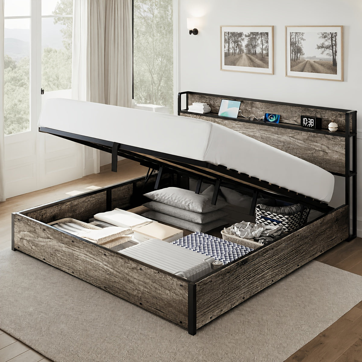 Lift Up Storage Bed Frame, Wooden Platform Bed Frame with Lifting Storage & Charging Station, No Spring Box Needed/Noise Free