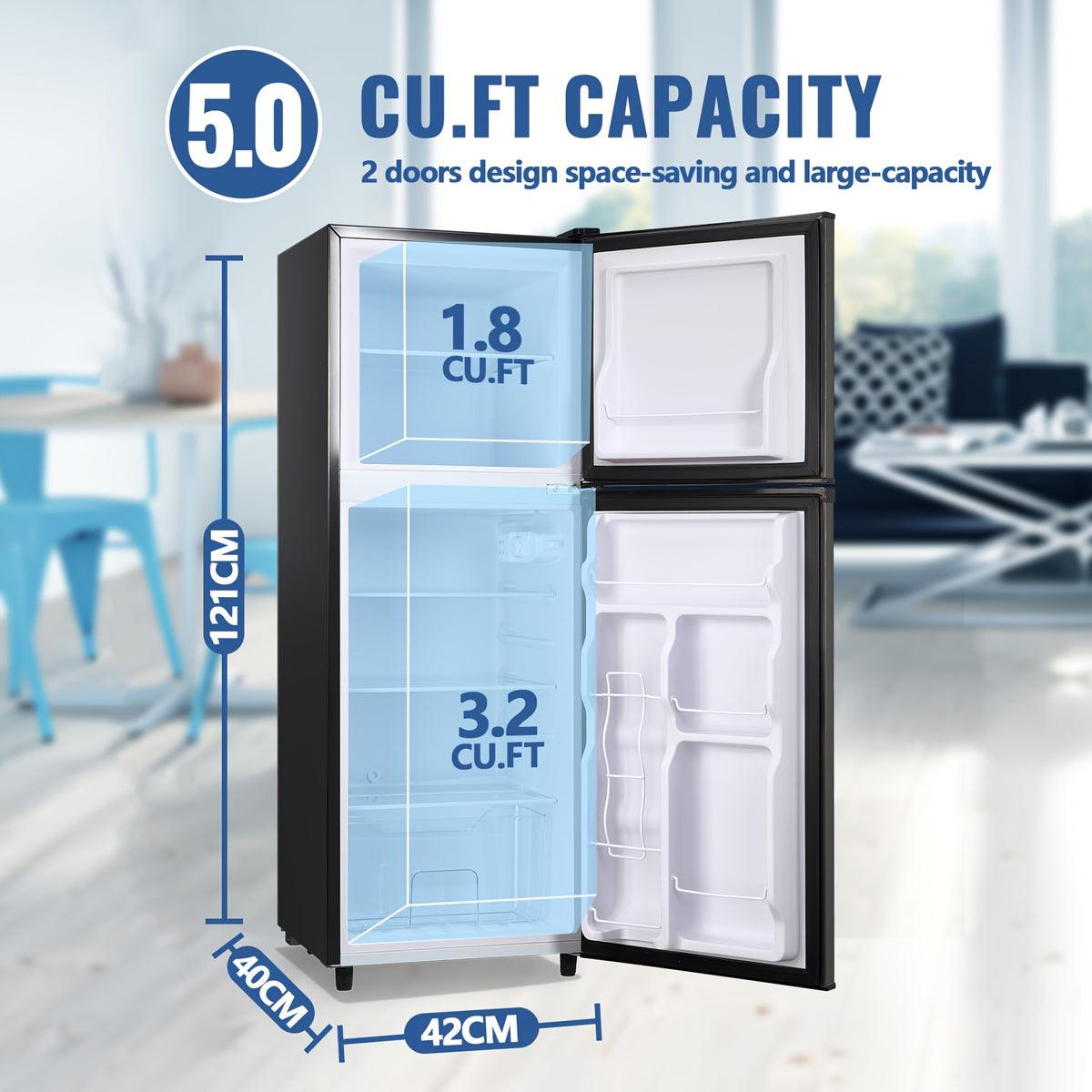 5.0/2.4 Cu.Ft Mini Fridge with Freezer, Dual Door Refrigerator with 7 Settings Temperature Adjustable, Small Fridge for Dorm Office Apartment and Home