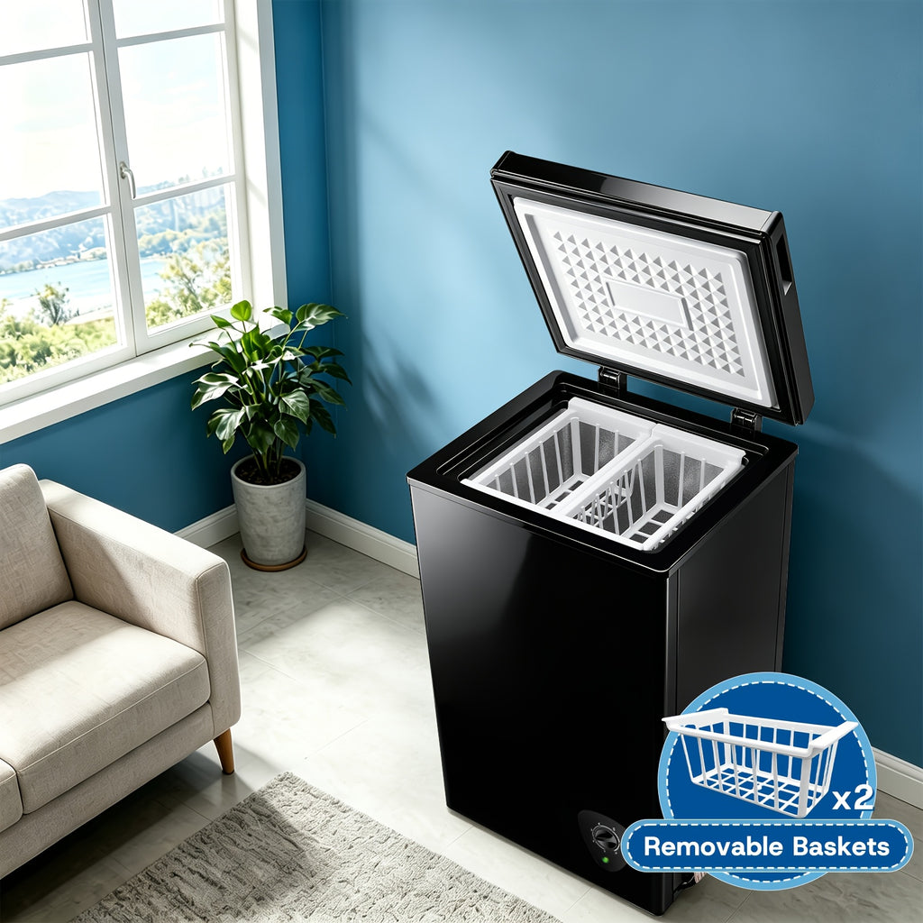 [Large Chest Freezer] Chest Deep Freezer, Large Freestanding Chest Freezer With 7 Level Adjustable Thermostat, Compact Top-Opening Deep Freezer With Removable Storage Baskets, Black