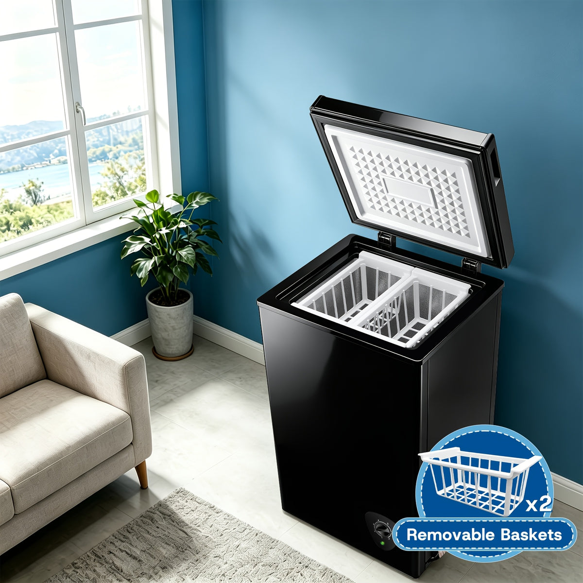 [Large Chest Freezer] Chest Deep Freezer, Large Freestanding Chest Freezer With 7 Level Adjustable Thermostat, Compact Top-Opening Deep Freezer With Removable Storage Baskets, Black