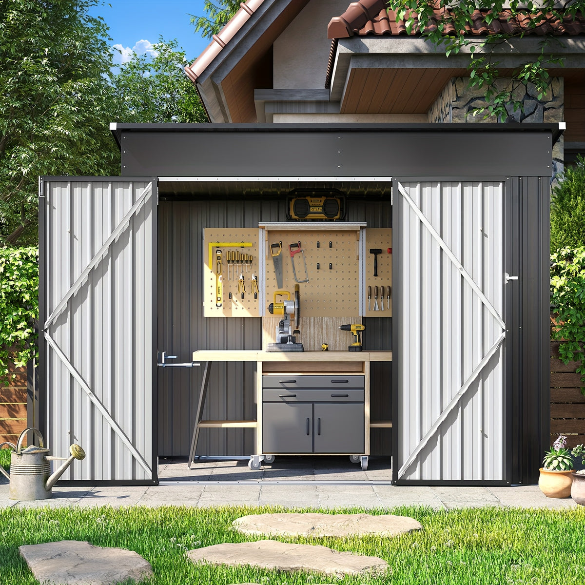 Outdoor Storage Shed, 4 x 8 Ft—Lockable Triple-Door Access and a Sloped Roof for Tools, Bikes and Patio Gear