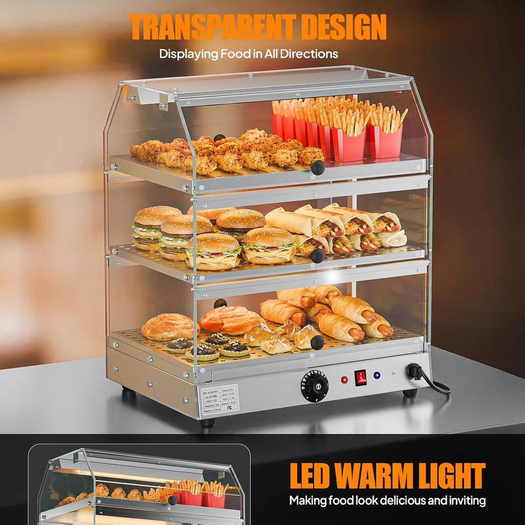 2-Tier Food Warmer Pizza Warmer Countertop, Food Warmer Display Pretzel Warmer with LED Lighting Front and Rear Doors, Electric Catering Hot Box Acrylic for Buffet Restaurant Cafe