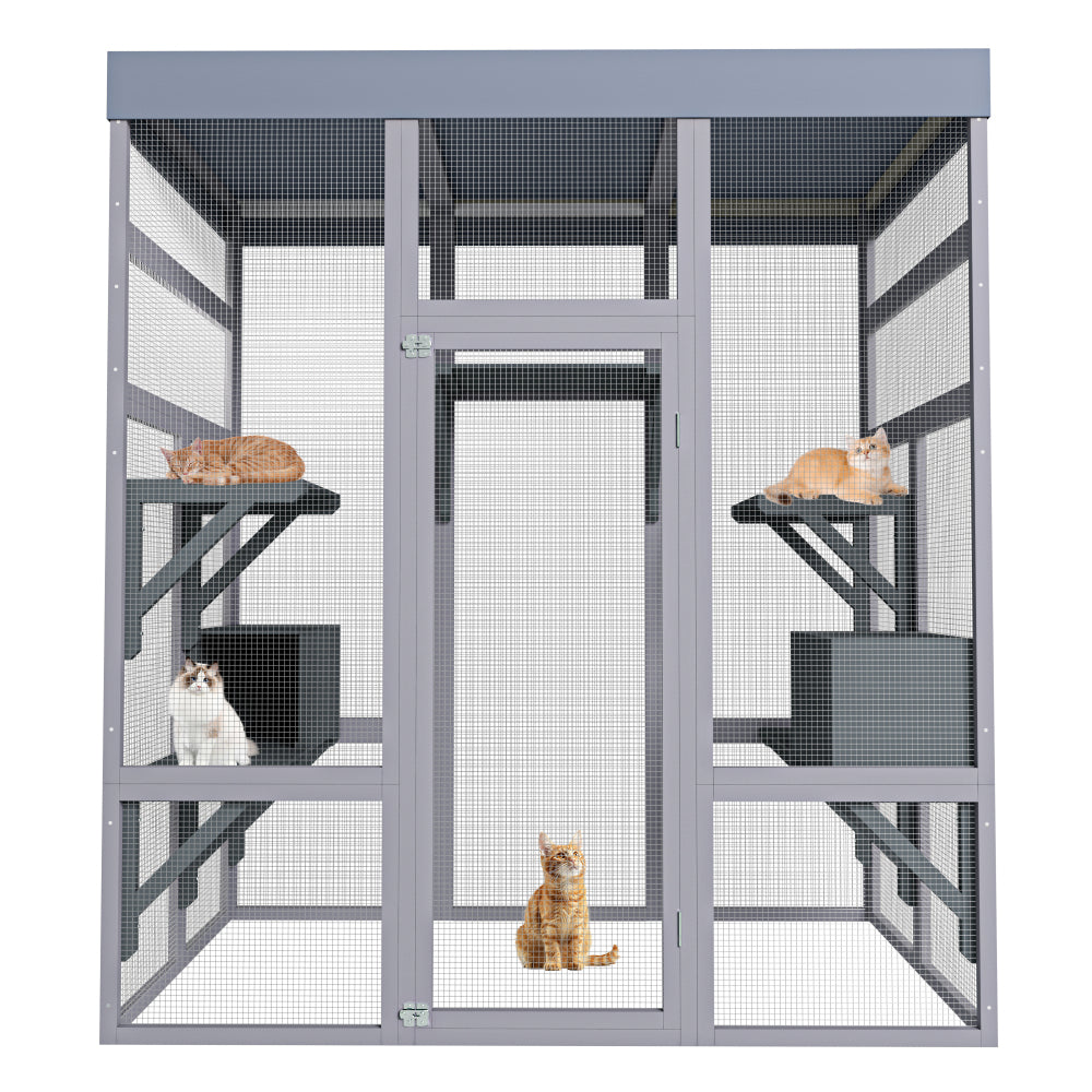 [Outdoor Catio Enclosure] 62.6 Inch Large Wooden Outdoor Catio Enclosure for Cats | Secure Pet Cage with Roof & Rust-Proof Wire Mesh | Includes 2 Napping Houses & Multi-Level Platforms for Backyard & Patio