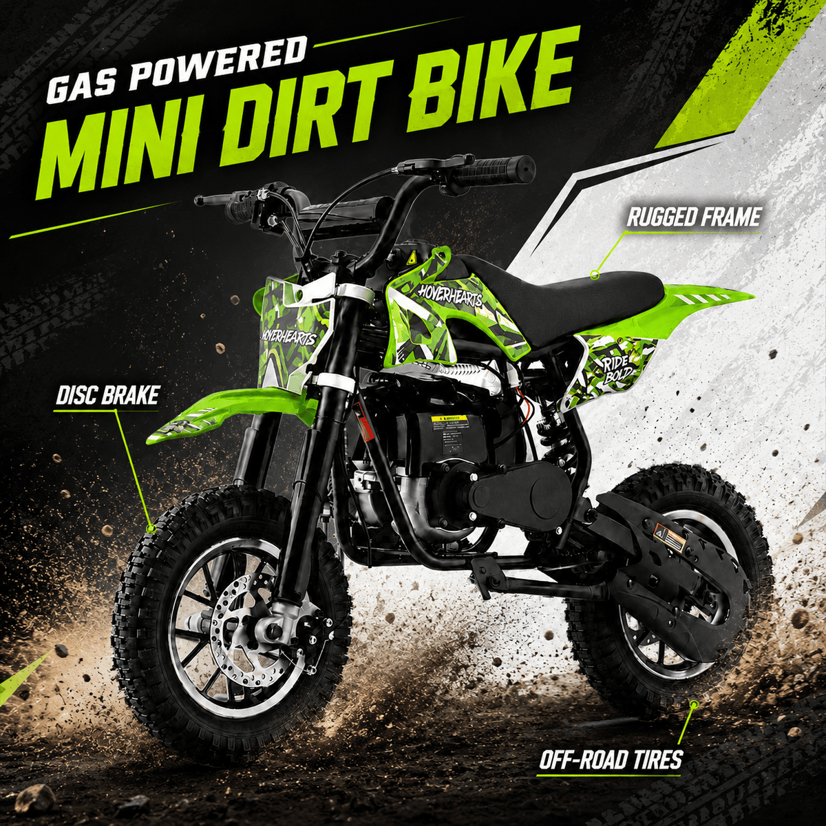 Mini Dirt Bike, 49 CC 2-Stroke Gas Bike with Off-Rode Tire, Suspensions, Disc Brakes, Max Load 165Lbs, Max Speed 18Mph-Includes gloves, face mask, security lock, and phone holder-Includes gloves, a face mask, an integrated stand, an anti-theft lock, and k