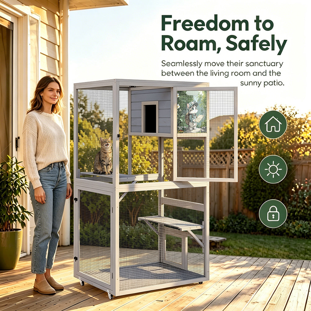 Catio on Wheels for Patio, Outdoor Cat Enclosure Window Access
