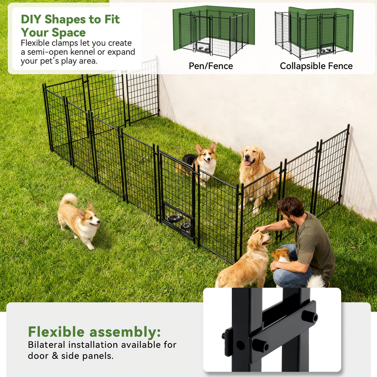 [Heavy Duty Dog Kennel] SNDM 7.8*4.3*5ft Dog Kennel Outdoor, Heavy Duty Welded Wire Steel Dog Kennels With Secure Lock For Outside, Dog Pen With Roof Cover And 2 Rotating Dog Bowls